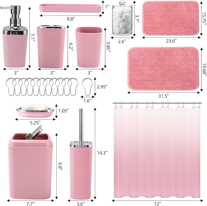Bathroom Accessory Set–Bathroom Sets with Shower Curtain and Rugs, Non Slip Bathroom Rugs Super Absorbent, Pink Ombre Waterproof Shower Curtain with Hooks, Pink Bathroom Sets Complete for Home