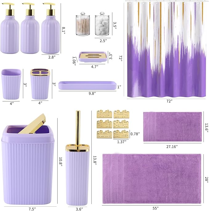 20PC Bathroom Accessory Set Bathroom Accessories Set Purple Bathroom Set, Shower Curtain Set, 2 Piece Bath Towel Set, 3PC Soap Dispenser, Toilet Brush & Trash Can