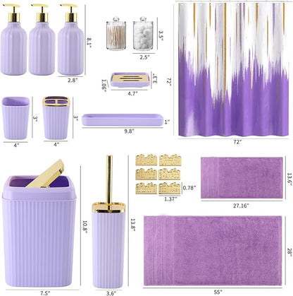 20PC Bathroom Accessory Set Bathroom Accessories Set Purple Bathroom Set, Shower Curtain Set, 2 Piece Bath Towel Set, 3PC Soap Dispenser, Toilet Brush & Trash Can