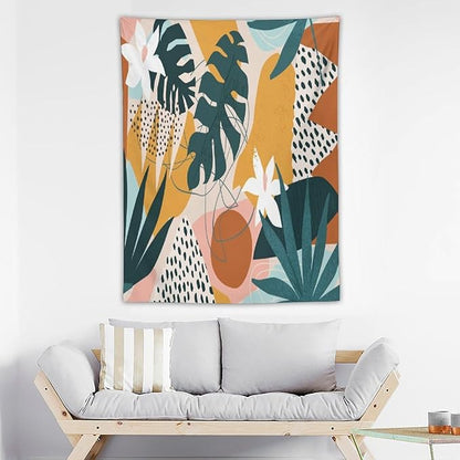 Abstract Bohemian Mid Century Tapestry, Tropical Leaves Modern Geometric Archway Minimalist Bohemian Botanical Aesthetic Wall Hanging, Sage Green Gold Home Decor Art for Bedroom 50x60 Inch