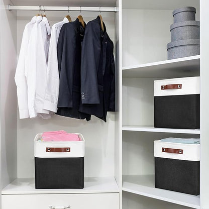 Collapsible Fabric Storage Cubes 11x11 Cube Storage Bins, 4 Pack Closet Baskets Box with Handles for Organizing, Shelf, Toys, Clothes, Home, Office, Nursery (Black&White)