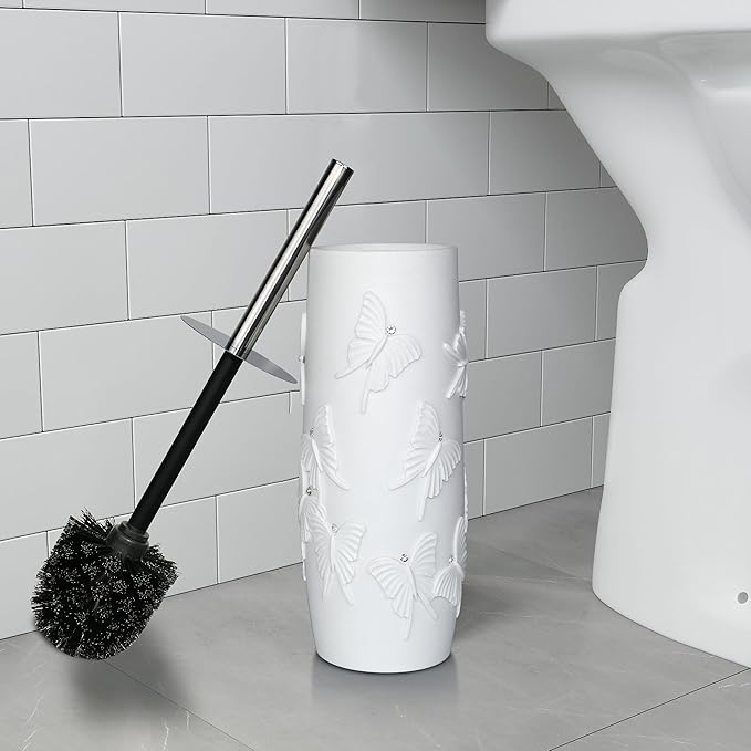 White Butterfly with Rhinestone Design Resin Toilet Holder and Brush Set, Elegant Bathroom Cleaning Tool with Durable Bristles, Compact and Stylish