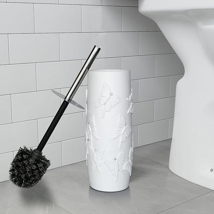 White Butterfly with Rhinestone Design Resin Toilet Holder and Brush Set, Elegant Bathroom Cleaning Tool with Durable Bristles, Compact and Stylish