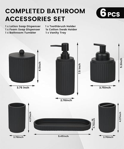 Black Bathroom Accessories Set 6 Pcs - Toothbrush Holder,Lotion Soap Dispenser,Foaming Soap Dispenser,Qtip Holder Dispensers,Vanity Tray,Bathroom Tumbler - Countertop Organizer-Bathroom Accessory Set