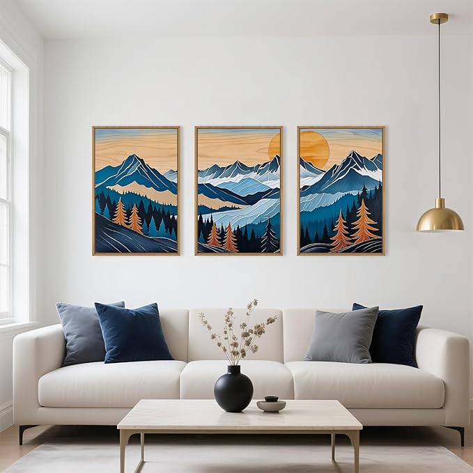 Celestdeco Blue Woodcut Mountain Framed Canvas Wall Art Set, Boho Abstract Ridge Wall Decor, Pine Tree Landscape Wall Painting, Sunrise Forest Art Print for Living Room, Bedroom, Office - 24"X36"X3