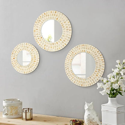 Boho Mirror Wall Decor for Living Room, 3PCS Natural Mother of Pearl Decorative Mirror for Farmhouse Rustic Home, Hanging Sculptures for Women Bedroom Hallway Porch Decoration (Light Brown)