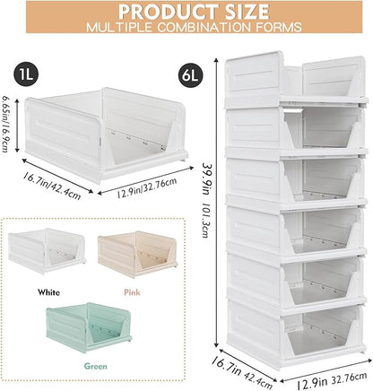 6 Pack Stackable Closet Storage Basket - Stackable Storage Bins, Multifunctional & Foldable Closet Organizer, Wardrobe Storage Space-Saving Clothes Storage Drawer Organizer, White