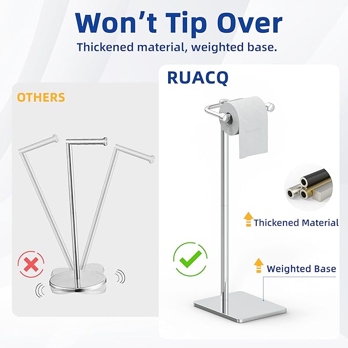 RUACQ Toilet Paper Holder Stand, Bathroom Toilet Paper Roll Holder Free Standing, Toilet Tissue Holder Stand with Post Pivoting Design, Stable Weighted Base, SUS304 Stainless Steel (Chrome)