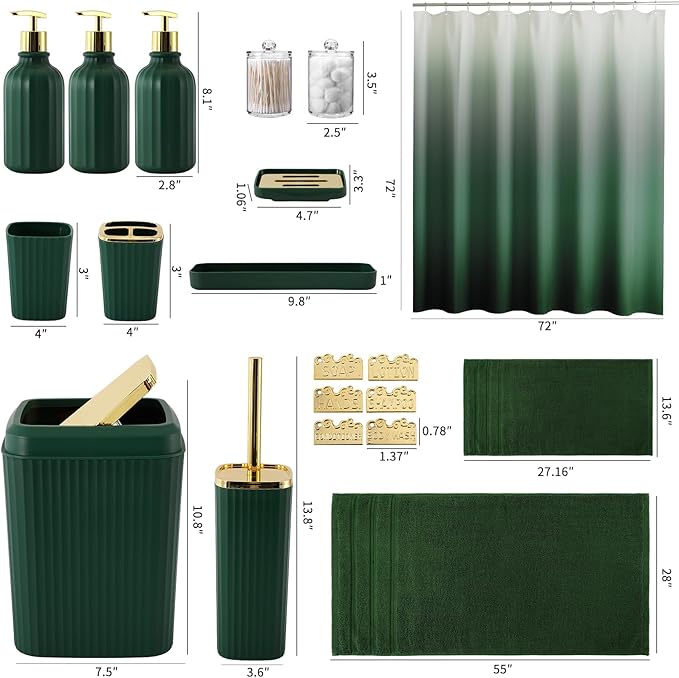 32PCS Bathroom Accessories Set Bathroom Set,Hunter Green Shower Curtain Set,Bath Towel Set,Hand Towel,Toilet Brush,Trash Can & 3PCS Soap Dispenser