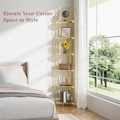 Crofy Foldable 6 Tier Corner Shelf, Metal Corner Plant Stand with Gold Frame and Gold Shelves, Corner Display Rack Multipurpose Shelving Unit for Living Room, Bedroom, Bathroom