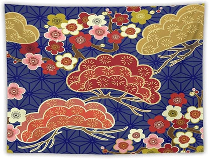 HZOHNAGO Japanese Tapestry Art Abstract Colorful Cherry Blossom Blue Background Pattern Printed Wall Tapestry Painting Wall Hanging for Bedroom Living Room Dorm 80" W x 60" H