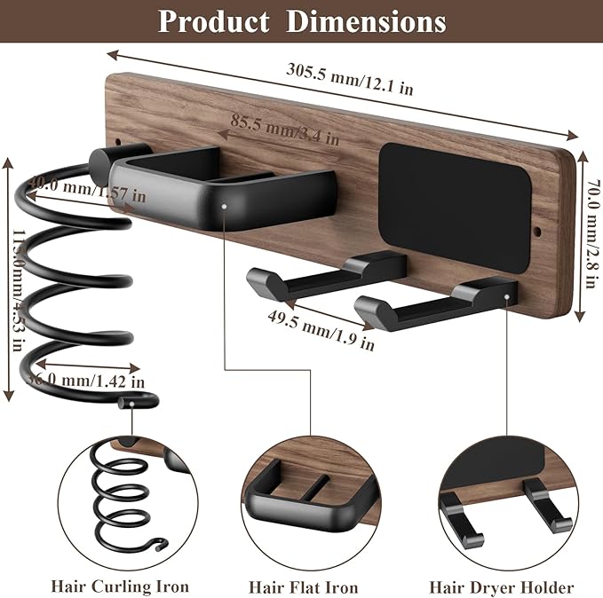Tindbea Hair Dryer Holder Curling Iron Holder Flat Iron, Blow Dryer Holder Wall Mount, 3 in 1 Bathroom Hair Tool Organizer Rack for Universal Dryer, Walnut Matte Black