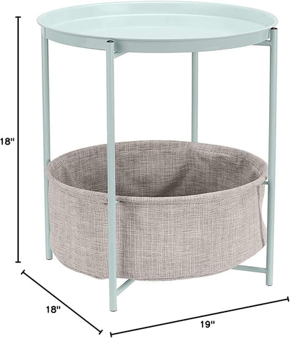 Amazon Basics Round Storage End Table, Side Table with Cloth Basket, Mint Green/Heather Gray, 18 in x 18 in x 19 in