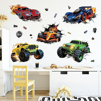 3D Racing Cars Wall Decals - Truck Bursting Through Wall, F1 Racing Cars Wall Stickers for Kids Room Boys Bedroom