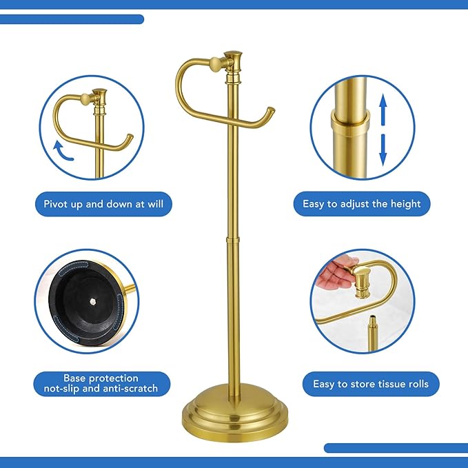 RUMOSE Toilet Paper Holder Stand for Floor, Brushed Gold Adjustable (12.4" to 22.8") Bathroom Toilet Tissue Holder, Free Standing Toilet Paper Roll Holder with Storage, Stainless Steel