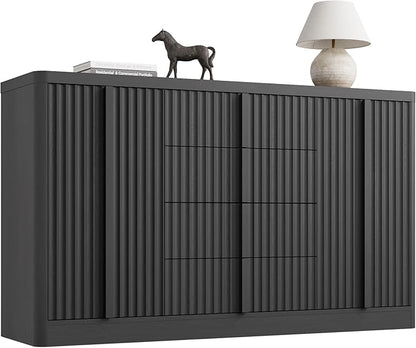 Buffet Cabinet with Storage, 60" Fluted Coffee Bar with 4 Drawers & 2 Doors, Modern Sideboard Buffet with Solid Wood Handle, Credenza Storage Cabinet for Living Room Kitchen Dining Room, Black(1PCS)