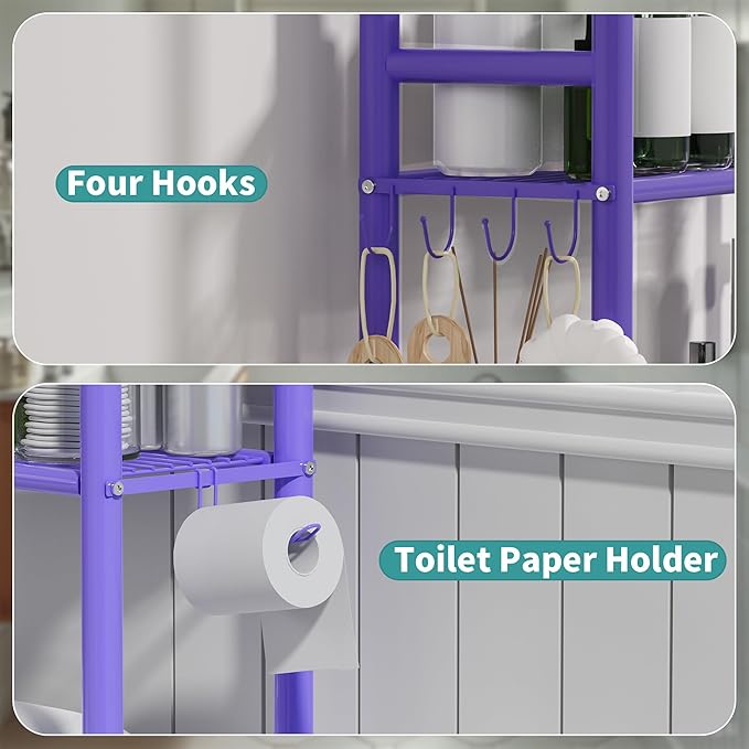 3-Tier Over The Toilet Storage with Paper Holder, Metal Bathroom Organizers and Storage for Small Space, Freestanding Bathroom Shelves with 4 Hooks, Above The Toilet Storage Shelf, Purple