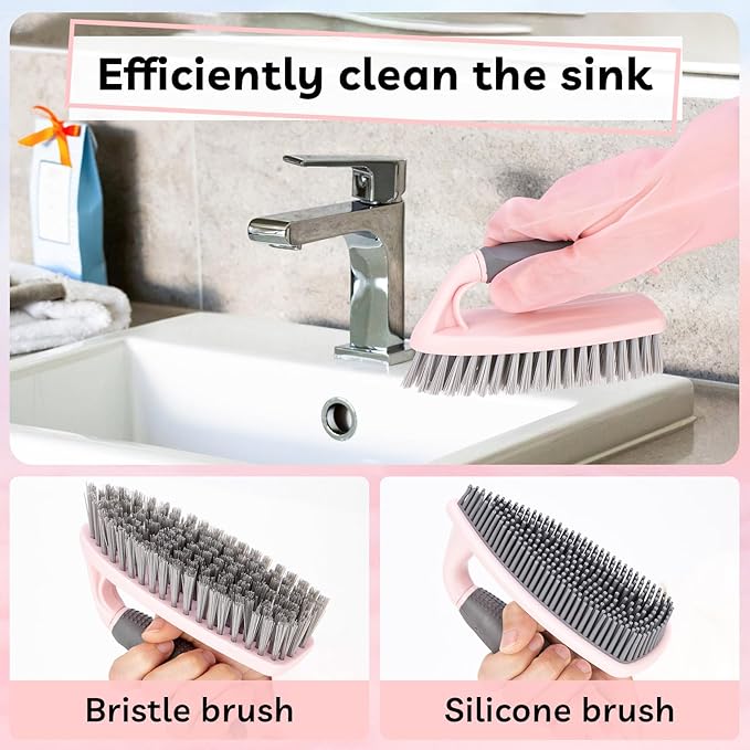 14 Pcs Bathroom Cleaning Tools with Toilet Brush, Scrub Brush, Cleaning Brush for Toilet, Bathtub, Pink Toilet Brush and Holder Set with Ergonomic Handle and Sturdy Bristles