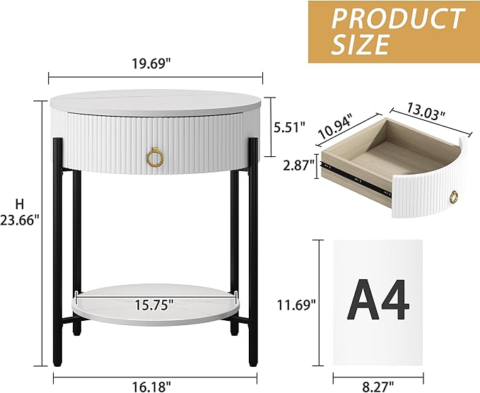 OIOG Round End Table with Drawer, Modern 2 Tier NightStand with Shelf, Small Side Table with Sintered Stone Tabletop for Living Room, Bedroom, Dorm, and Office, Marbling Natural Stone/White