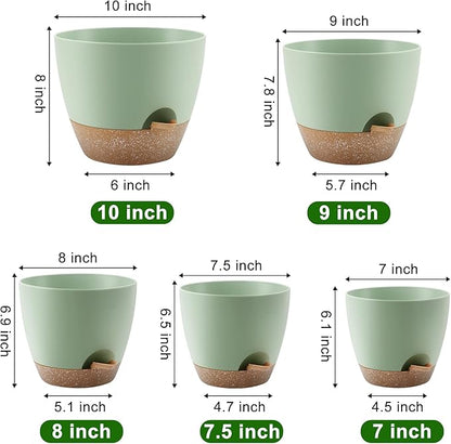 Plant Pots 10/9/8/7.5/7 Inch Self Watering Pots, Set of 5 Plastic Planters with Drainage Holes and Saucers,Plastic Flower Pots,Nursery Planting Pot for Indoor Out Door Plants（Green）