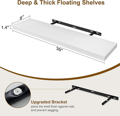 30 Inch Floating Shelves, Rustic Floating Wall Shelves 8 Inch Deep, 30 x 8 Floating Shelves for Home Decor, Deep Display & Storage Shelves for Kitchen, Bathroom, Living Room, White Color, Set of 2