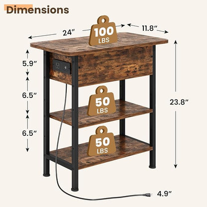 End Table with Charging Station, Flip Top Side Table with USB Ports and Outlets, 3-Tier Small Side Table with Storage for Small Space, End Tables for Living Room/Bedroom, Brown