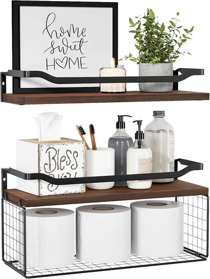 WOPITUES Floating Shelves with Wire Storage Basket, Bathroom Shelves Over Toilet with Protective Metal Guardrail, Wood Wall Shelves for Bathroom, Bedroom, Living Room, Toilet Paper- Dark Brown
