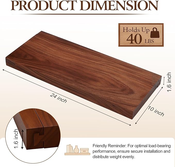 Solid Walnut Floating Shelves for Wall, 24"*10"*1.6"Real Thick Wood Mounted Wall Display Shelf with Joinery for Home Decor, Bathroom,Kitchen（ Natural Walnut Brown）