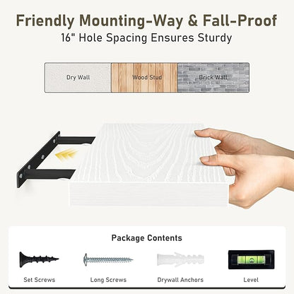 White Floating Shelves Wall Shelf 40 Inch, 8 Inch Deep Floating Shelf for Wall, Farmhouse Black Wood Shelves Invisible Bracket for Living Room, Bedroom, Kitchen, 40 x 8 x 1.4 Inch, Set of 2