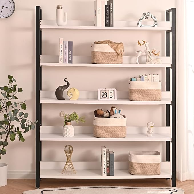 Storage Baskets for Shelves, Woven Storage Basket, Bins for Cube Storage, Cotton Rope Basket with Handles for Toy, Book, and Clothes Living Room, (4 Packs) Off White & Brown