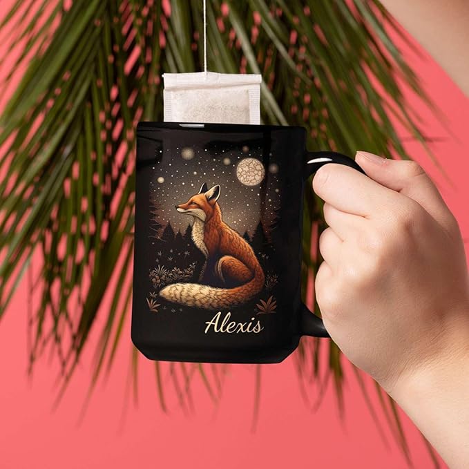 Animal Lover Mug with Custom Name, Nature Inspired Coffee Mug 11oz or 15oz, Personalized Cute Fox Ceramic Cup, Unique Animal Art Black Coffee Cup, Gifts for Friends, Family
