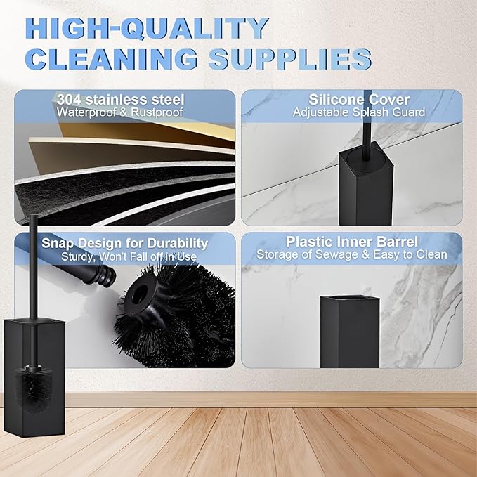 Toilet Brush and Holder Set, NEWRAIN Stainless Steel Toilet Brush with Long Brush Handle, Matte Black Toilet Scrubber and Covered Holder, Square Design Sturdy and Space Saving