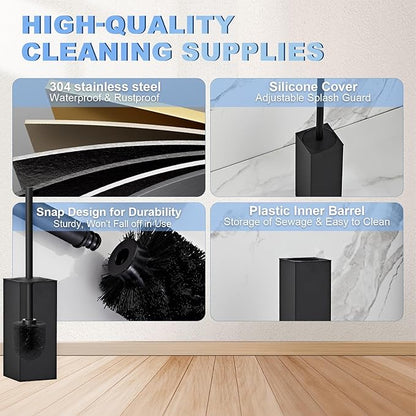 Toilet Brush and Holder Set, NEWRAIN Stainless Steel Toilet Brush with Long Brush Handle, Matte Black Toilet Scrubber and Covered Holder, Square Design Sturdy and Space Saving