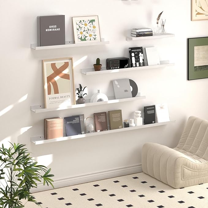 SAUMONIERES Picture Ledge Shelf Floating Book Shelves Set of 2 Wall Mounted Solid Wood for Bedroom Bathroom Living Room Kitchen, 24 Inch White