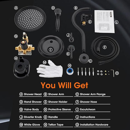 Rainfall Shower Head System with Pressure Balance Valve 9 Inch Bathroom Luxury Rain Mixer Shower Combo Set Wall Mounted Antique Shower Faucet Sets with Vintage Handheld Spray Matte Black