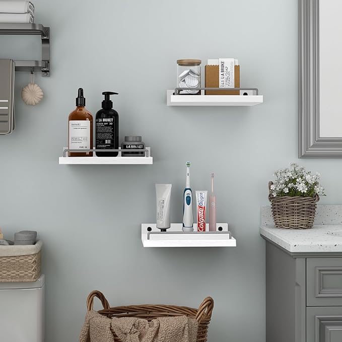 Small Floating Shelf, 6X9 Inches Farmhouse Wall Shelves for Living Room, Bedroom, Picture Frames, Plants, Kitchen, Set of 3 (White and Grey)