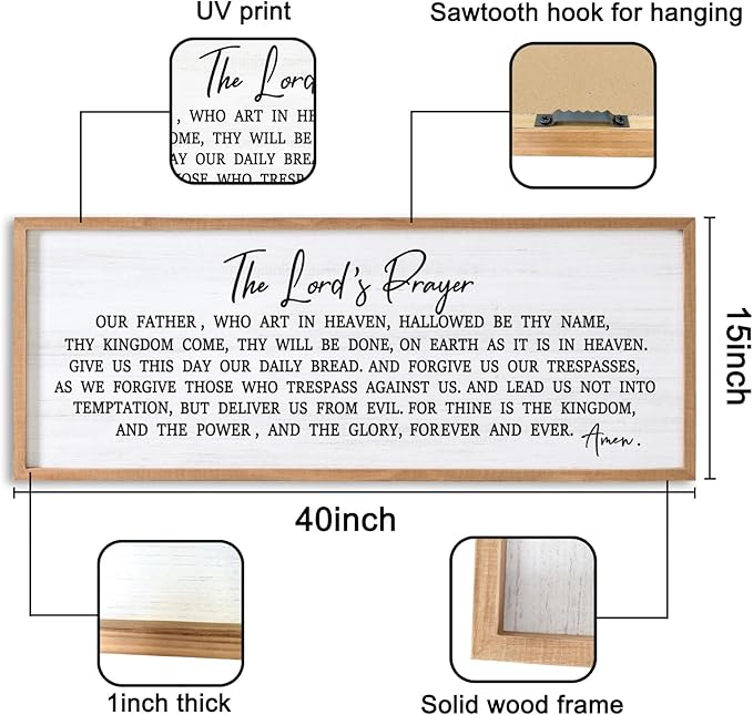 Our Father Prayer Bible Verse Framed Wall Art, 40''×15'' Rustic Religious Christian Lords Prayer Sign for God Jesus Christ Prayer, Horizontal Holy Inspirational Catholic Scripture Decor