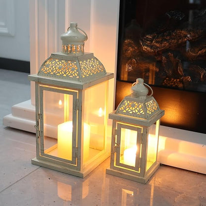 DECORKEY Large Lantern Decorative Outdoor & Indoor, Set of 2 (14’’&10’’) Metal Candle Lanterns Decor, Vintage Hanging Candle Holder for Front Porch Patio Wedding Farmhouse Home, Spring Decoration
