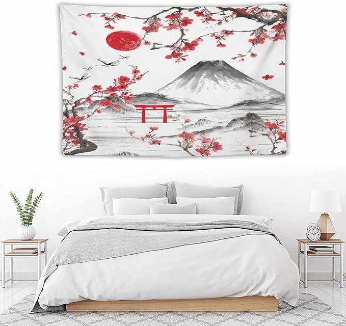 Red Cherry Blossoms Tapestry, Japanese Fuji Mountain Tapestry, Asian Japanese Wall Tapestry, Nature Landscape Tapestries for Bedroom Living Room Decor 90"x60"