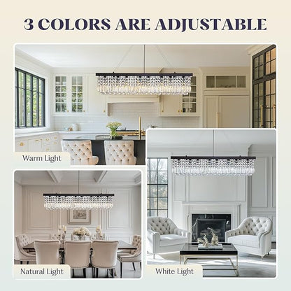 8 Light Modern Crystal Chandelier for Dining Room,Rectangular Rectangle Raindrop Crystal Light Fixture,Height Adjustable for Kitchen Island L40''xW10''xH10''