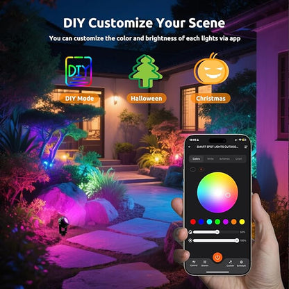 Smart RGBW Spot Lights Outdoor, 8 Pack Low Voltage Landscape Lighting with APP & Remote Control, Waterproof and Timing, Color Changing Outdoor spot Lights for Yard Halloween Christmas Decorations