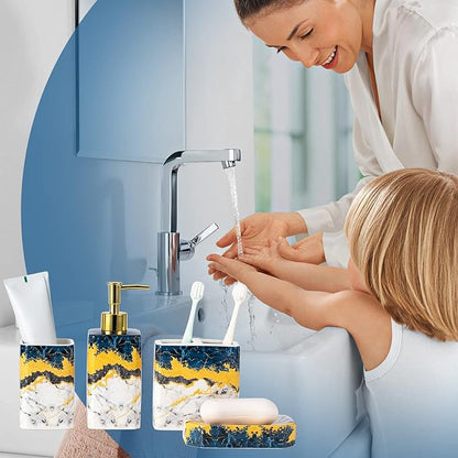 4 Piece Bathroom Accessories Set - Blue Bathroom Accessory Sets Includes Lotion Dispenser, Toothbrush Holder Tumbler, and Soap Dish - Glossy Finish (Marble, Blue)