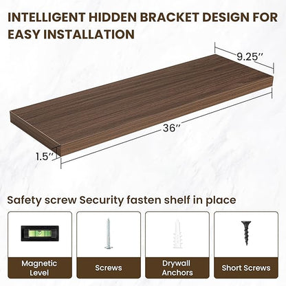 36 Inch Floating Shelves, 12 Inch Deep Floating Shelves for Wall, Floating Shelf with Invisible Brackets, Deep Shelves for Bathroom, Bedroom, Living Room, 2 Pack, Walnut
