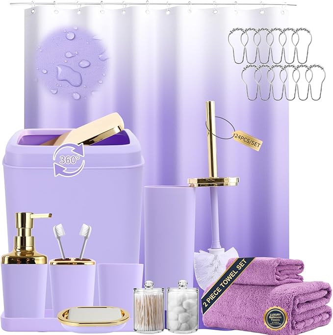 Purple Bathroom Accessories, 24 Pieces Purple and Gold Bathroom Accessories Set with Shower Curtain, Bath Towels, Trash Can, Soap Dispenser and Soap Dish for Bathroom/Housewarming