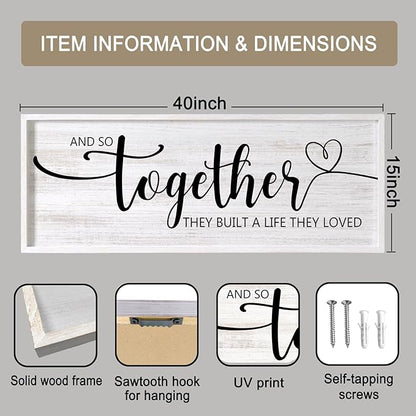 And So Together They Built A Life They Loved Decorative Rustic Sign & Plaque Framed Wall Art for Couples, 40''×15' Wooden Long Wall Decor Above Bed, Vintage Horizontal Farmhouse Wedding Gift