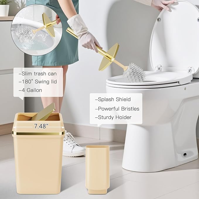 9PCS Bathroom Accessory Set, Beige Bathroom Set with Large-Capacity 4 Gallon Trash Can, Bathroom Accessories Set Complete, Toothbrush Holder, Soap Dispenser, Toilet Brush, Bathroom Decor