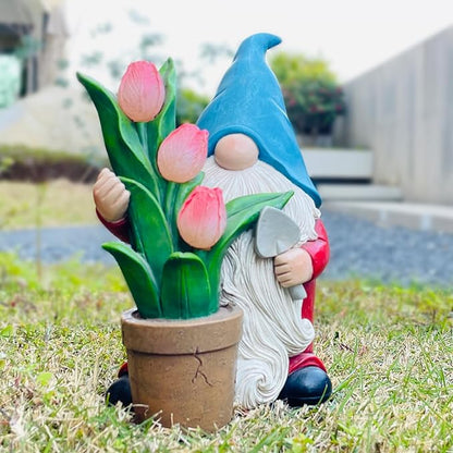 COWOS Garden Gnome Statue, Sculpture of a Dwarf Holding a Shovel and a Flower Pot, Solar Gnome Statues Outdoor Decor, Outside Lawn Patio Yard Ornament Gifts
