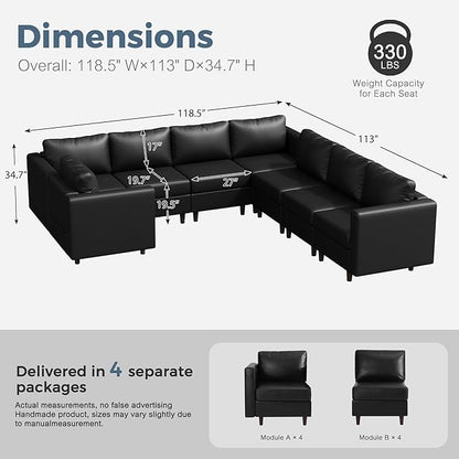 118.5" Faux Leather Modular Sectional Sofa, U Shaped Couch Set for Living Room, Large 8-Seater Comfy Cloud Couches with Storage Seat DIY Combination - Black