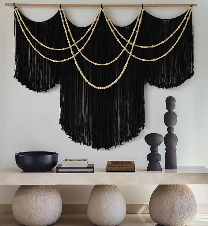 Macrame Wall Hanging Black Yarn Tapestry Home Decor Large Fiber Wall Art Living Room Bedroom Home Wall Decor 57" W x 43" L