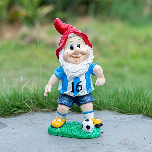 Outdoor Gnome Sculpture Soccer Garden Gnome Statue, 9.8 x 5.1 x 3.5 inches, Red Hat with Blue Jersey The for Football Enthusiasts